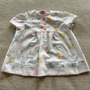 Vintage Handmade Baby Girls Spring‎ Bunny Butterfly Print Dress Pastel White Zip